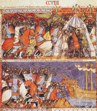 Fol.108r Trojané napadli řecký tábor a zapálili řecké lodě, z Codexu Benito de Santa Mora od Spanish School