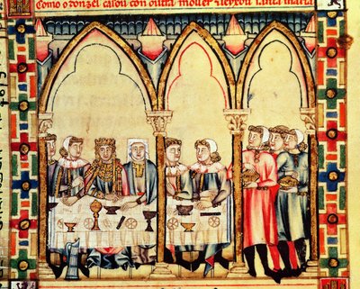 Fol.16v Zásnubní banket, z rukopisu vytvořeného pod vedením Alfonse X. Moudrý král Kastilie a Leonu od Spanish School