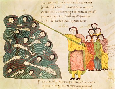 Fol.39v Mojžíš uzavírá Rudé moře na Egypťany, z Bible Mozarabe od Spanish School
