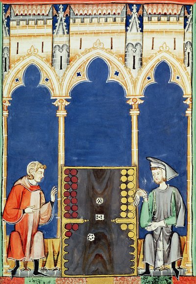 Fol.85v Dva hráči backgammonu, z Knihy her, šachy, kostky a desky, 1282 od Spanish School