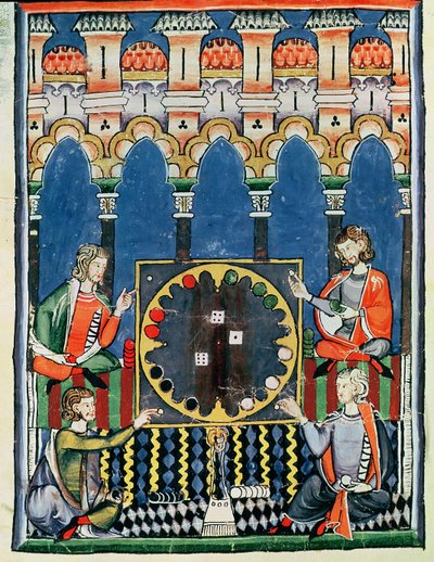 Fol.89v Čtyři hráči arabského backgammonu, z Knihy her, šachy, kostky a desky, 1282 od Spanish School