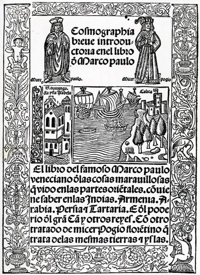 Frontispis k první kastilské verzi Cesty Marca Pola, přeložil Rodrigo de Santaella, publikoval 1503 od Spanish School