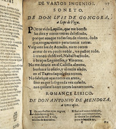 GOGOORA Y ARGOTE, Luis de (1561-1627). Španělský básník zlatého století; VEGA CARPIO, Felix Lope de (1562-1635). Soneto a Lope de Vega" (Sonet Lope de Vegovi), báseň zařazená do sbírky "Poesias varias de grandes ingenios espanoles", kterou sestavil Ios. od Spanish School