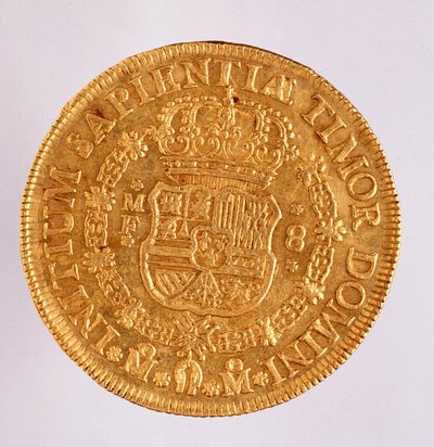 Zlatá mince (8 ECU) ze Španělska: vláda Filipa (Filippo nebo Philippe) V (1700-1746). 1739 Prům. 3,6 cm Neapol, museo archeologico od Spanish School
