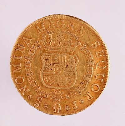 Zlatá mince (8 ecus) ze Španělska: vláda Ferdinanda (Ferdinanda) VI (1746-1759). 1759 Průměr 3,5 cm Neapol, archeologické muzeum od Spanish School