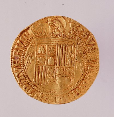 Zlatá mince ze Španělska: vláda katolíků krále Ferdinanda a Isabelly (Ferdinanda II. Aragonského a Isabely I. Kastilské). 1474-1516 Prům. 2,7 cm Neapol, museo archeologico od Spanish School