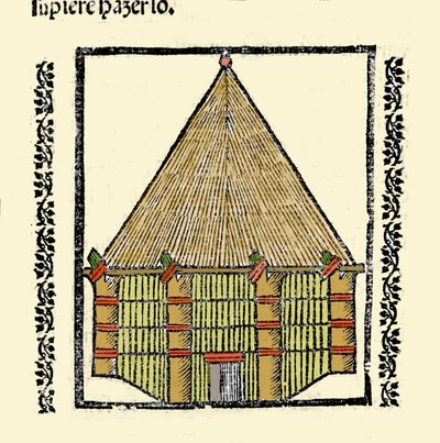 Stanoviště: popis Cabane des Indigenes Caraibes. Rytina z knihy „Obecná historie Indie, ostrovů a pevniny oceánského moře“ od Gonzala Fernandeze de Oviedo (Gonzalo) nebo Fernandeze de, ou Hernandez de Oviedo y Valdes (1478-1557) od Spanish School