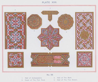 Hall of Ambassadors, Court of The Fish Pond, Hall of The Bark, Hall of The Two Sisters (barevné lito) od Spanish School