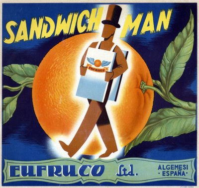Ilustrace „muž-sendvič“. Štítek pro pomeranče „“Eufruco“, Valencie, 20. století. od Spanish School