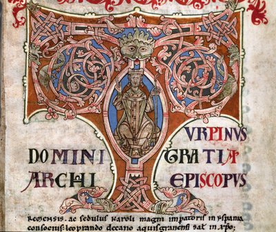 Iniciála T s vyobrazením Karla Velikého, ilustrace z Codexu Calixtinus, kolem 1140 od Spanish School