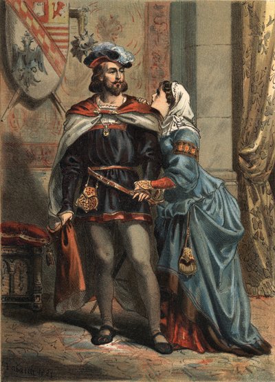 Jeanne Španělská známá jako La Folle (1479-1555), královna Kastilie a její manžel Philippe Le Beau (1478-1506), španělský král a arcivévoda rakouský v „El Culto de la Hermosura““ od Juan Justo Huguet, Molinas Hermanos redaktoři od Spanish School