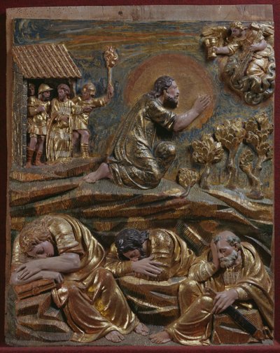 Ježíš v Getsemanské zahradě, detail renesančního oltářního obrazu (malované a zlacené dřevo) od Spanish School