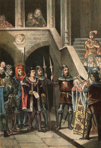 Leonor de Guzman oblíbenec krále Alfonsa XI. zastavil a popravil Don Alfonso Fernandez de Olmedo na příkaz královny Marie Portugalské ve 14. století. v „Cult of Beauty““ od Juana Justa Hugueta, editor Molinas Hermanos od Spanish School