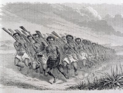 Maorští válečníci předvádějí válečný tanec, ilustrace z „Návratu do světa“ (rytina) od Spanish School
