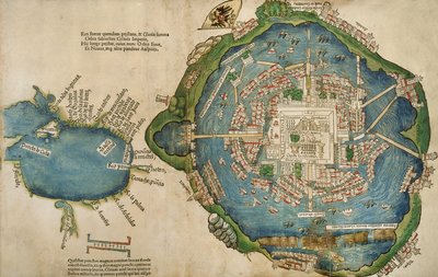 Mapa Tenochtitlánu a Mexického zálivu z knihy Praeclara Ferdinadi Cortesii de Nova maris Oceani Hyspania Narratio od Hernanda Cortese (1485-1547) 1524 od Spanish School