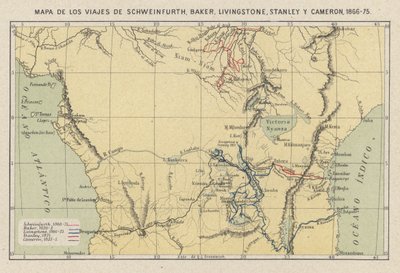 Mapa ukazující cesty průzkumníků Georg August Schweinfurth, Samuel Baker, David Livingstone, Henry Morton Stanley a Verney Lovett Cameron v Africe od Spanish School