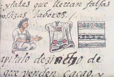 Paní Palatová. 218-220 Kniha IX Aztécký obchodník prodávající pláště, z Florentského kodexu Bernardina de Sahagun, asi 1540-85 od Spanish School