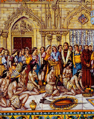 Domorodí Američané přivezli družinu Kolumba do Španělska v roce 1492 (keramika) od Spanish School