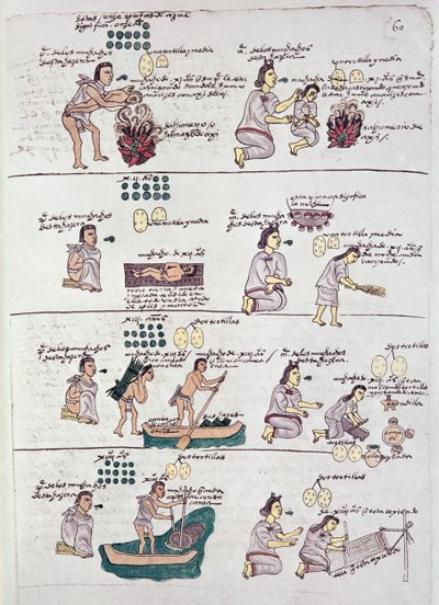 Stránka z Codexu Mendoza, ukazující disciplínu a domácí práce přidělené dětem, Mexiko, c.1541-42 od Spanish School