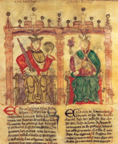 Pelagius (685-737), zakladatel Asturského království a jeho vnuk Fruela I. (722-68) (pigment na pergamenu) od Spanish School