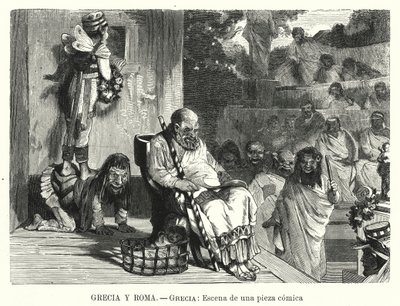 Představení komedie v divadle ve starověkém Řecku (litho) od Spanish School