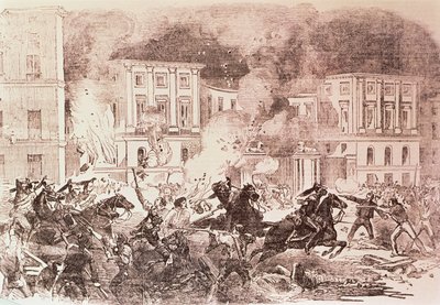 Populistická povstání v Madridu, vzbouřenci se pokusili zapálit palác královny Marie Kristiny v roce 1854 (litho) od Spanish School