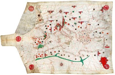 Portulánová mapa Středozemního moře a severního Atlantiku, nejstarší portulán ve sbírkách Národního námořního muzea. od Spanish School