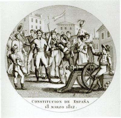 Vyhlášení liberální ústavy z 18. března 1812 vlastenci, vyhlášené v Cádizu Cortes od Spanish School