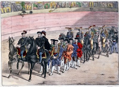 Vydání čtyřky, corrida ve Španělsku, litografie sd. 19. století od Spanish School