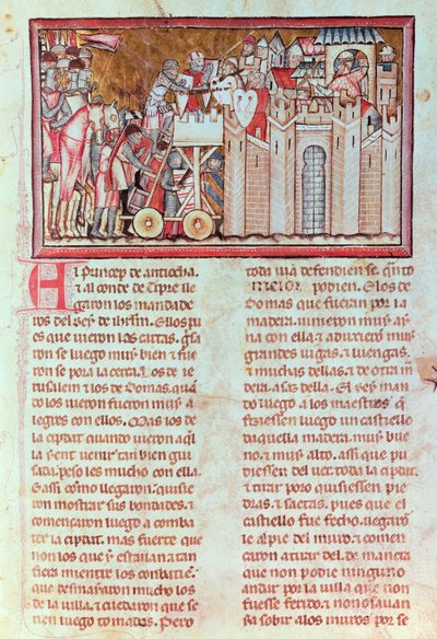 Obléhání a útok na město Belina, bráněné králem Aynartem, z rukopisu „Gran conquista de ultramar“ (vellum) od Spanish School