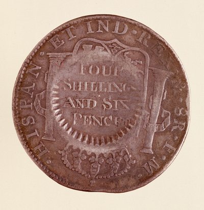 Stříbrná mince (8 realů) ze Španělska: vláda Karla III. (1759-1788). 1777 s kontramarkou 1787. Prům. 3,9 cm Neapol, museo archeologico od Spanish School