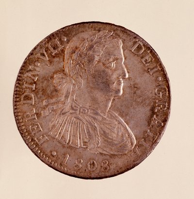Stříbrná mince (8 realů) ze Španělska: vláda Ferdinanda VII (Ferdinanda) (1808-1833). 1808 Průměr 3,9 cm Neapol, archeologické muzeum od Spanish School
