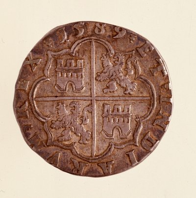 Stříbrná mince (8 realů) ze Španělska: vláda Filipa (Filippo nebo Filip) II (1556-1598). 1589 Prům. 3,5 cm Neapol, museo archeologico od Spanish School