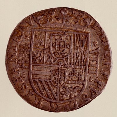 Stříbrná mince (8 realů) ze Španělska: vláda Filipa (Filippo nebo Filip) II (1556-1598). 1589 Prům. 3,5 cm Neapol, museo archeologico od Spanish School
