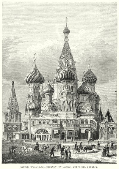 Chrám Vasila Blaženého, Rudé náměstí, Moskva, Rusko (litho) od Spanish School