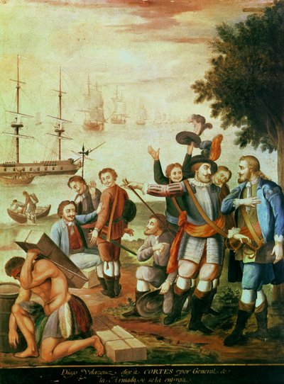 Dobytí Mexika: Diego Velasquez de Cuellar (1465-1524) volí Hernanda Cortese (1485-1547) jako generála armády a dává mu velení (olej na plátně) od Spanish School