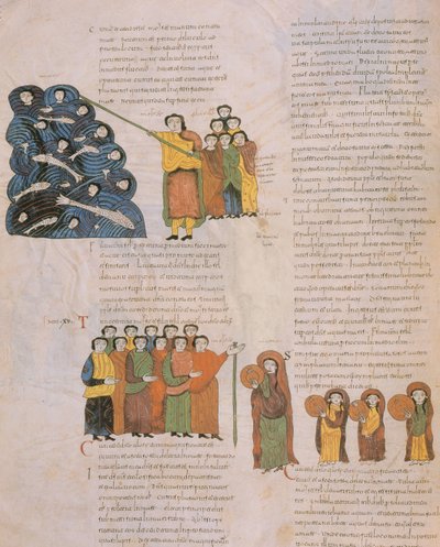 Přechod Rudého moře a tanec hebrejských žen za zvuku Mojžíšových tamburín a jeho doprovodů z Vizigótsko-mozarábské Bible svatého Isidora, fol. 39, n. l. 960 (tem. od Spanish School