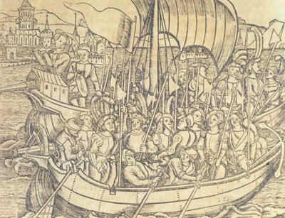 Objevení nového světa od Chrisophera Kolumba (1450-1596) ilustrace z „Obecné historie Indie a nového světa“ od Francisca Lopeze de Gomara (nar. 1510) 1554 (rytina) od Spanish School