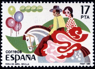 Feria ze Sevilly: pár v lidovém kroji na koni - španělské razítko od Spanish School