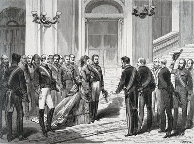 Španělský král Amedee I (Amedeo Ferdinando Maria di Savoia) (1845-1890) a jeho manželka královna Marie Victory dal Pozzo della Cisterna (1847-1876) při příjezdu do královského paláce v Madridu dne 19.3.1871. Rytina z ""La Ilustracion Espanola y America od Spanish School