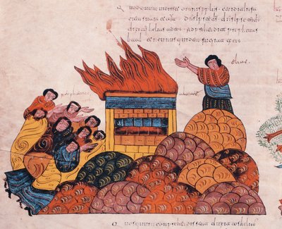 Prorok Eliáš se na hoře Karmel modlí za Boha Izraele, aby byl ospravedlněn dříve, než kněží Baalovi a oheň spadne z nebe (I. Královská 18), fol. 145v., z Vizigótsko-mozarábské Bible sv. od Spanish School