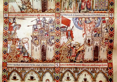Saracéni oblehli křesťanské město Detail z jedné stránky převzatý z rukopisu Písně svaté Marie (Cantigas de Santa Maria), zdobení miniatur zasvěcených svaté Marii a jejím zázrakům, sbírka písní redigových za vlády Alfonse od Spanish School