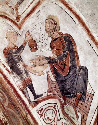 Cyklus měsíců: Pilát Pontský si myje ruce. Detail fresky z 12. století z královského panteonu Real Colegiata of San Isidoro (Royal Collegiale of Saint Isidore). Leon. Španělsko od Spanish School