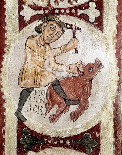 Cyklus měsíců: listopad (poražené prase). Detail fresky z 12. století z královského panteonu Real Colegiata of San Isidoro (Royal Collegiale of Saint Isidore). Leon. Španělsko od Spanish School