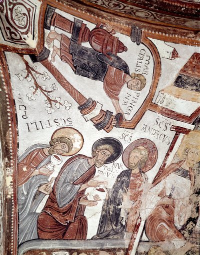 Cyklus měsíců: sluha nabízí nápoj apoštolům (sv. Andrej, sv. Bartoloměj a sv. Filip). Detail fresky z 12. století z královského panteonu Real Colegiata of San Isidoro (Royal Collegiale of Saint Isidore). Leon. Spai od Spanish School