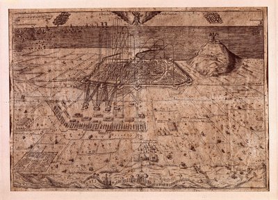 Zvednutí Katalánska nebo válka ženců (1640-1659), velitelství Barcelony po moři i po souši vojsky Filipa IV. Španělského (1605-1665). Rytina 1652. Muzeum historie města, Barcelona. od Spanish School