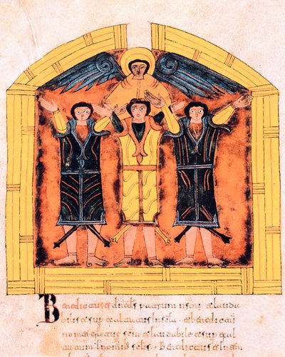 Tři Hebrejci, Šadrach, Mešach a Abednego vhození do pece Nebúkadnezarem, fol. 318v, z Vizigótsko-mozarabské Bible svatého Isidora, 960 n. l. (tempera na pergamenu) od Spanish School