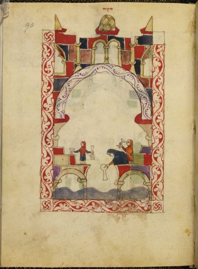 Tři ženy ponořující nádoby do bazénu. Iluminovaný rukopis hispanomorské Hagady, kolem 1300, Španělsko, Or. 2737, fol. 90 (vellum) od Spanish School