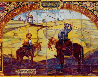 Dlaždice zobrazující Dona Quijota a Sancha Panzu, jak se připravují na útok na větrné mlýny (keramické) od Spanish School