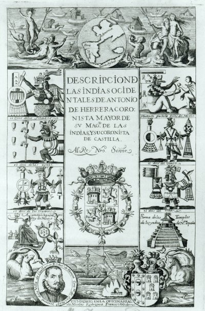 Titulní strana knihy Descripcion de las Indias Ocidentales od Antonia de Herrera y Tordesillas, madridské vydání, 1725 od Spanish School